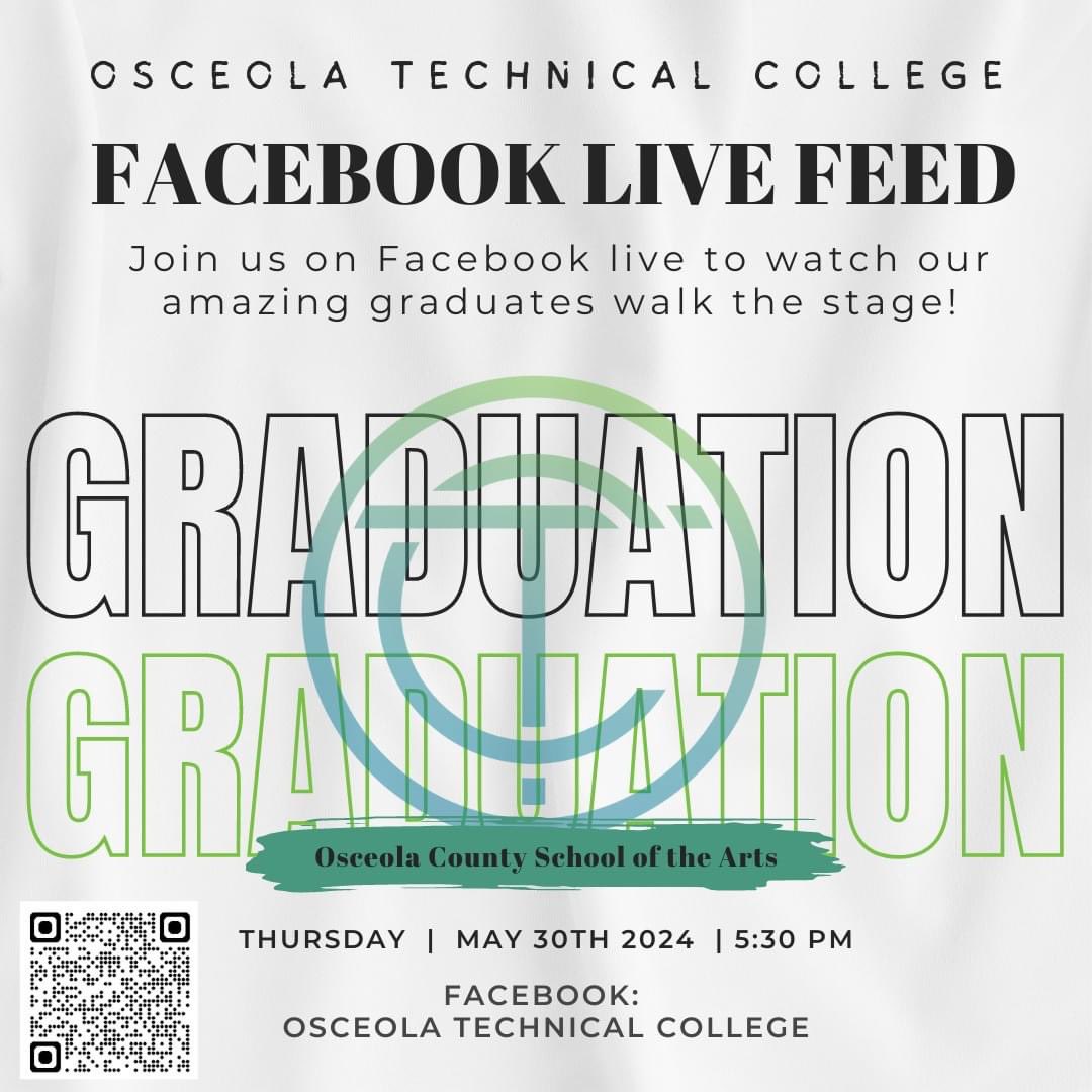 We will have a Facebook live available to anyone interested in watching our amazing students walk the stage. Please use the Facebook name / the QR code to find the live feed next Thursday, May 30th at 5:30 PM

 #weareoTECH #SkillUpOsceola #everystudentfutureready #SDOCGoodtoGreat