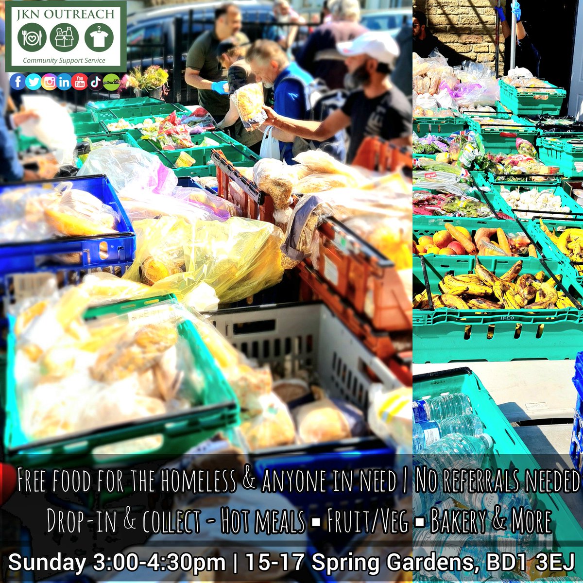 JknOutreach's tweet image. 👥 No matter what your circumstance, we're #here4you

Our service is a place where anyone struggling for whatever reason can visit &amp;amp; collect a range of food items to take away. #NoQuestionsAsked

📢 OSunday 3:00-4:30pm
 15-17 Spring Gardens, BD1 3EJ

👕 #ClothingBank Open 3-4pm