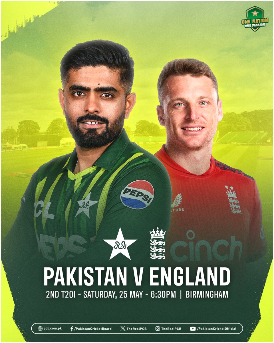 Following the rained-off first game, we move on to the second T20I today 🏏 🇵🇰 Pakistan 🆚 England 🏴󠁧󠁢󠁥󠁮󠁧󠁿 🗓️ Saturday, 25 May 2024 ⏰ 06:30 PM PKT 🏟️ Edgbaston, Birmingham #ENGvPAK | #BackTheBoysInGreen