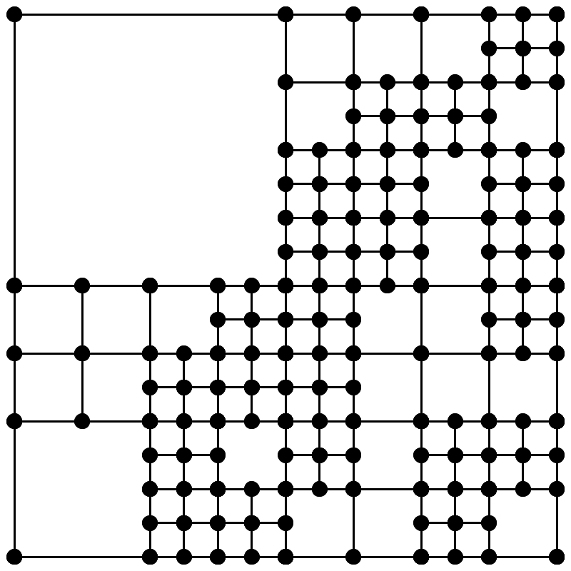 ysk_cc's tweet photo. 正方形での再帰分割の頂点にドットおいてタイリングして作ったパターン（１，２枚目と３，４枚目の分割は違う）
#Processing https://t.co/Lg0bEOeHoU