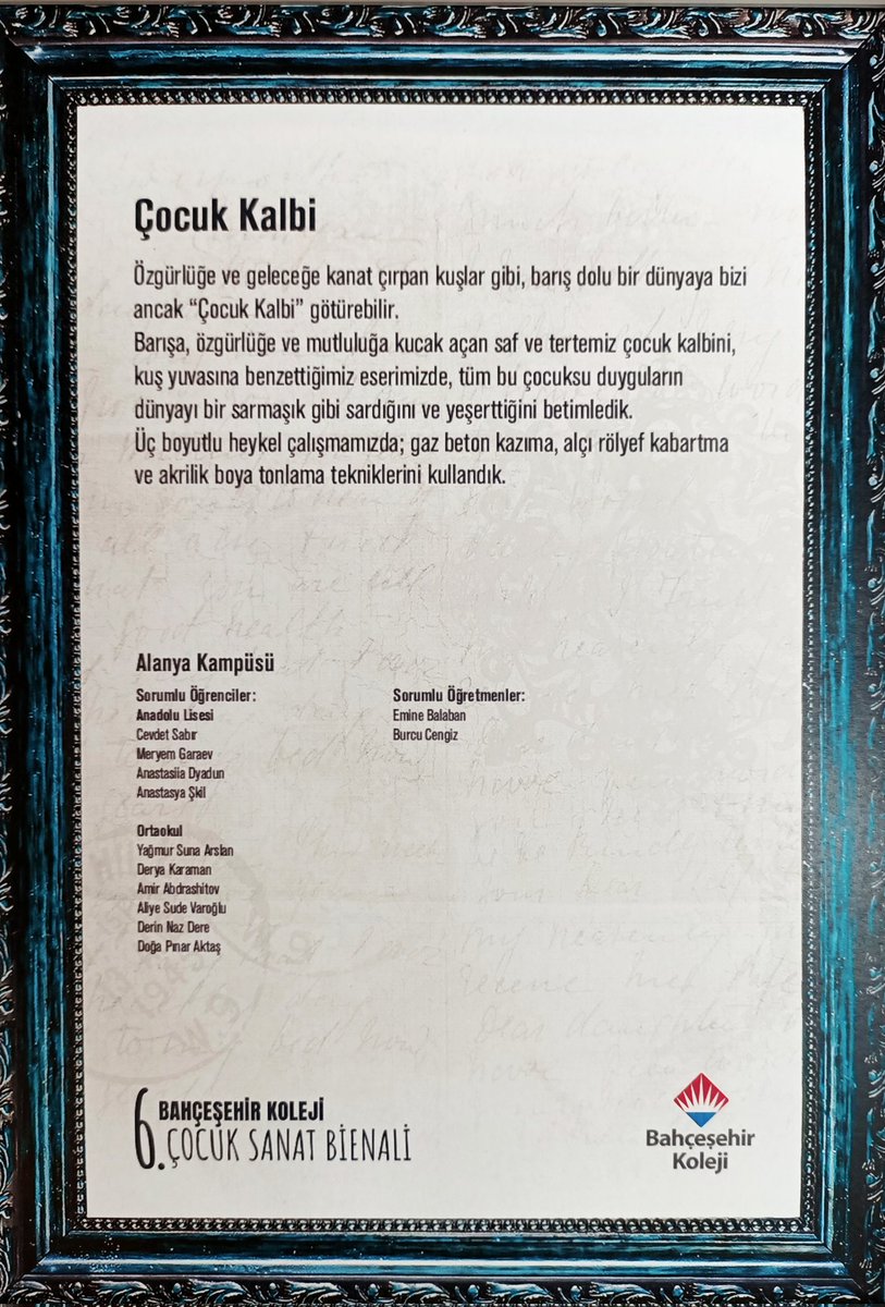 Emine_Balaban_'s tweet photo. Çocukların barışa dair hayallerinin sanata dönüştüğü 6. Çocuk Sanat Bienali için yapmış olduğumuz "Çocuk Kalbi" temalı sanat eserimiz ile sergideki yerimizi aldık.
@bk_alanya @serdalasl 
@ErdogannAytac @tuna_cinar @TrkErsen @ilkay_tandogan https://t.co/DaOF7LAw9h