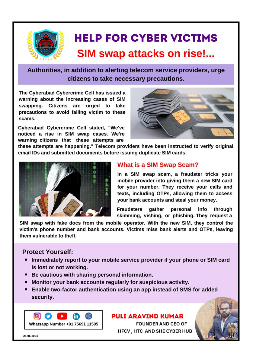 HFCVFoundation's tweet photo. 🚨 SIM Swap Attacks on the Rise! 🚨Read to find out how to protect yourself from it. 🔒🛡️#CyberSecurity #SIMSwap #ProtectYourself #SheCyberHub #SCH #EHA #EthicalHackerAravind #HFCV #womanSafety #sheteams #help_to_cop #htc #Telanganapolice #Telanganastatepolice #Police https://t.co/PYGS0HioIk