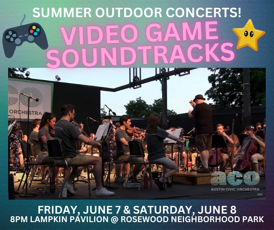 ACO presents Video Game Music June 7 &amp; 8, 8pm at Lampkin Pavilion in Rosewood Neighborhood Park.

RSVP for these FREE concerts austincivicorchestra.org/event/video-ga…

#austin #austintexas #austintx #texas #orchestra #classicalmusic #outdoors #livemusic #austincivicorchestra #fyp #summer