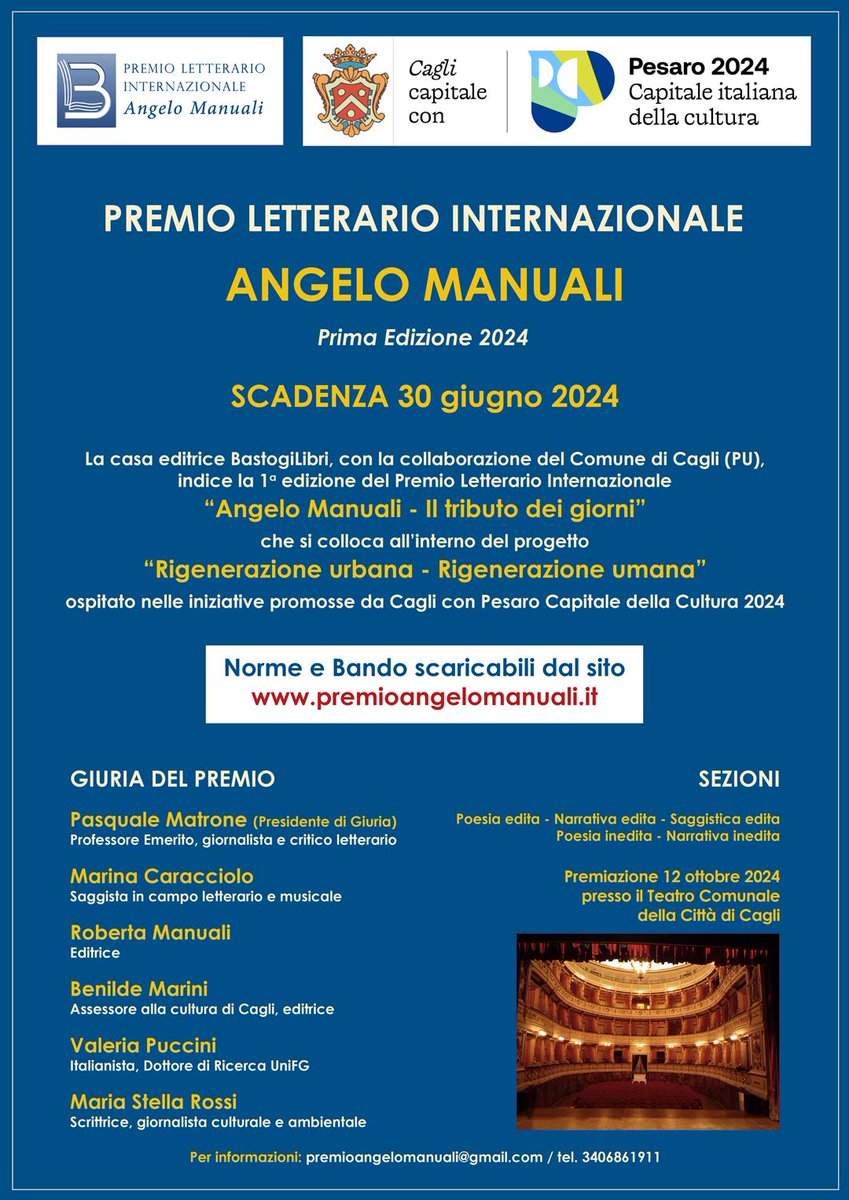 🟩 Scadenza 30/06/2024 
Premio Letterario Internazionale Angelo Manuali - Il tributo dei giorni: concorso per romanzi, racconti, poesie, raccolte e saggi con premi in denaro e in pubblicazione 💰📚 
▶️ concorsi-letterari.it/concorso-lette… 
#concorsiletterari #premioletterario