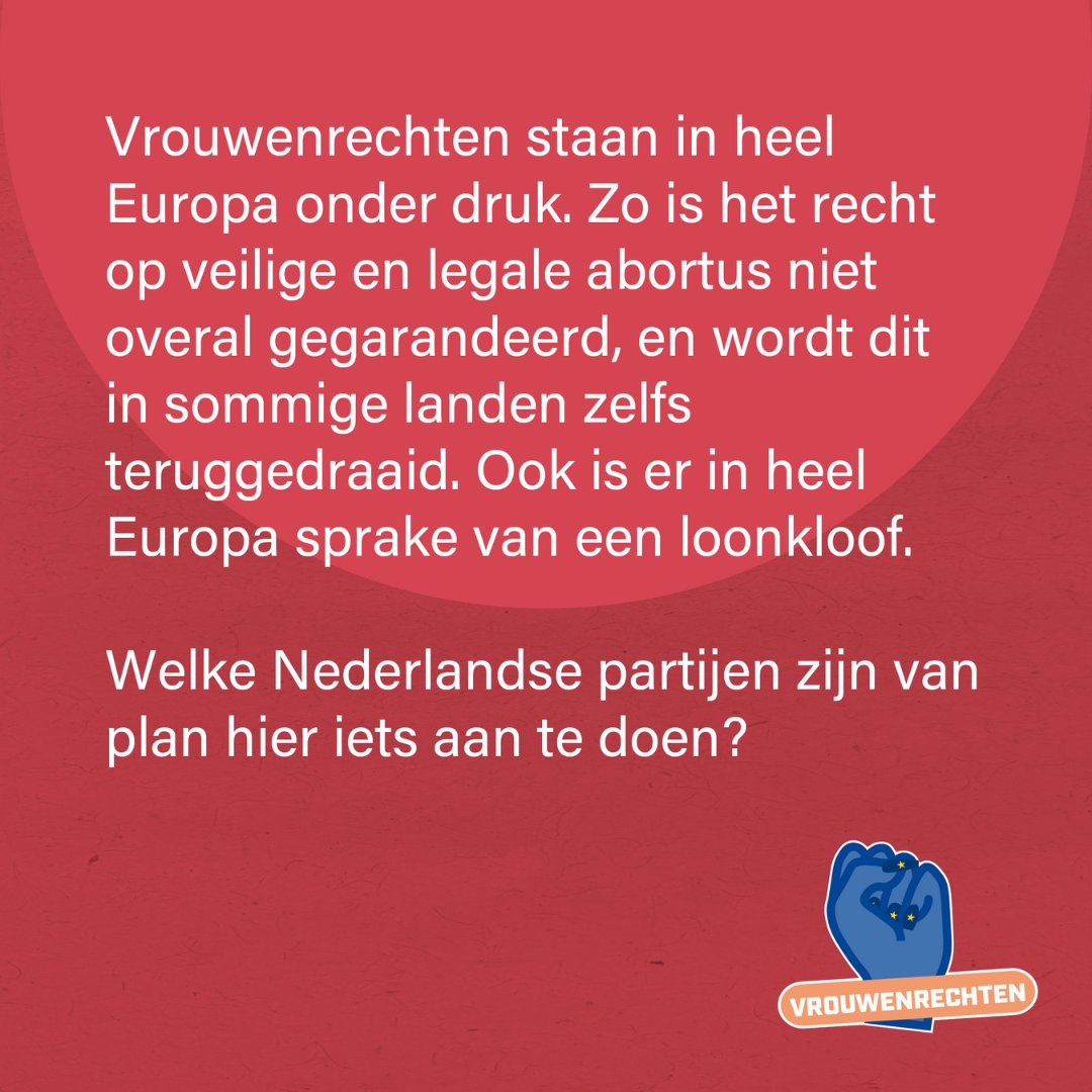 Op 6 juni gaan we naar de stembus voor het Europees Parlement. Het zijn belangrijke verkiezingen, want in heel Europa staan vrouwenrechten, mensenrechten en vrede onder druk. Maar waar staan partijen voor? De komende weken doen wij samen Huiswerk!📝

Vandaag: vrouwenrechten (1/3)