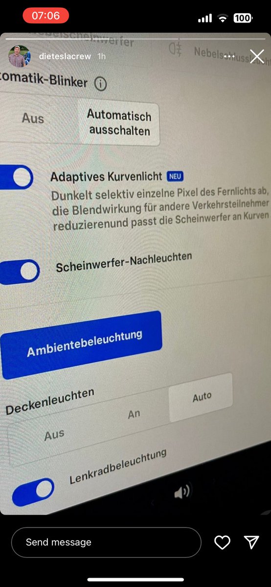 TeslaNewswire's tweet photo. 🔥🔥🚀 Tesla 2024.20 software update has been detected!

It includes at least:
✅ Adaptive cornering light:
Selectively darkens individual pixels of the high beam, reduces the glare effect for other road users and adjusts the headlights to curves

✅ Autopilot suspension improvement:
For each 7-day period in which you do not receive strikeouts, you will be forgiven an autopilot strikeout. Every time you get a strikeout, this timer is restarted.
Autopilot functions can only be removed with this suspension method and will then be unavailable for about a week.

Pics from IG/dieteslacrew & @two_jj_