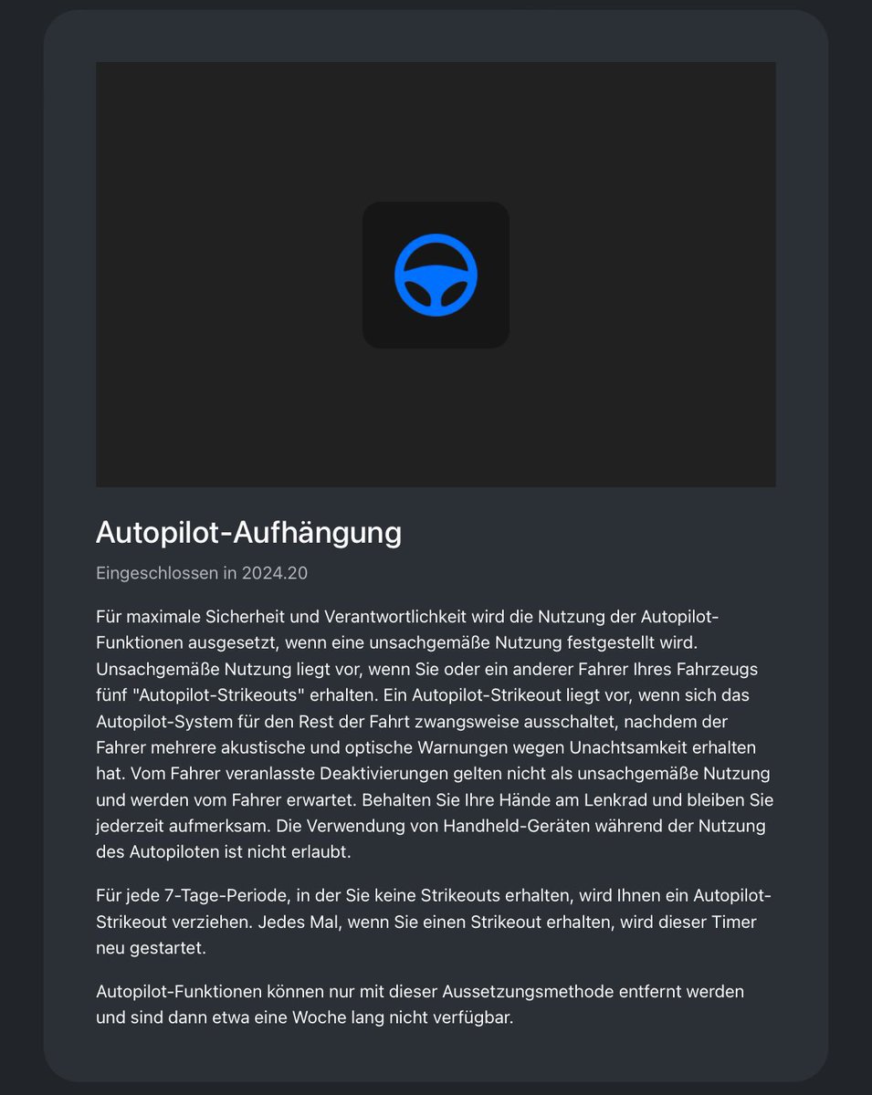 TeslaNewswire's tweet photo. 🔥🔥🚀 Tesla 2024.20 software update has been detected!

It includes at least:
✅ Adaptive cornering light:
Selectively darkens individual pixels of the high beam, reduces the glare effect for other road users and adjusts the headlights to curves

✅ Autopilot suspension improvement:
For each 7-day period in which you do not receive strikeouts, you will be forgiven an autopilot strikeout. Every time you get a strikeout, this timer is restarted.
Autopilot functions can only be removed with this suspension method and will then be unavailable for about a week.

Pics from IG/dieteslacrew & @two_jj_