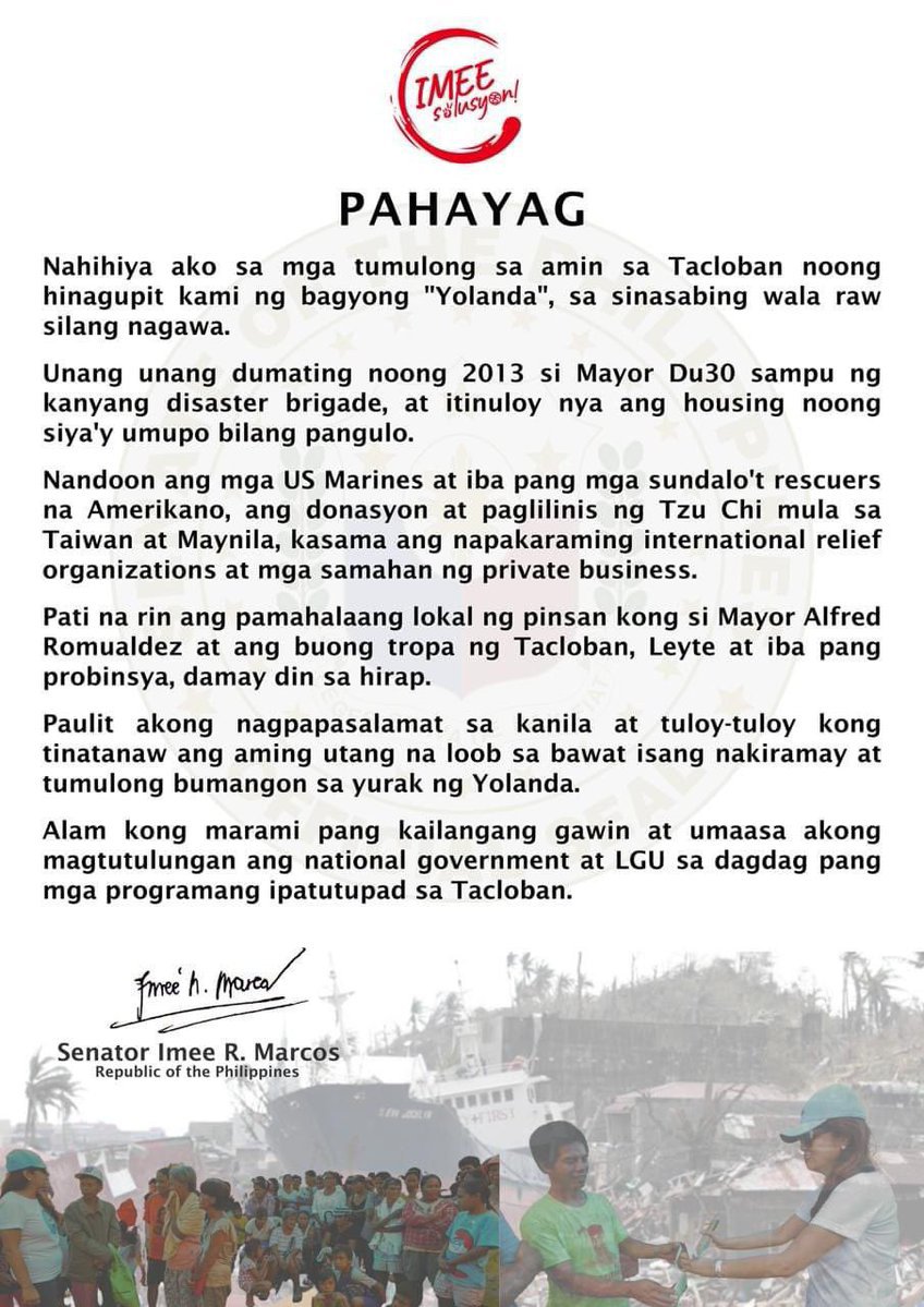 More Sensible Sister🌞 Gladly, Sen.Imee makes much sense, shows greater social responsibility & empathy, exudes gratitude.🌟🍾 Her words belie the 'nothing's done for Yolanda victims' by the BBM Clone.😇