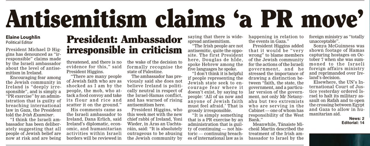 “I don't think it is helpful if people representing the Jewish state seek to encourage fear where it doesn't exist…” ~President Michael D Higgins, Irish Examiner ☕️☕️