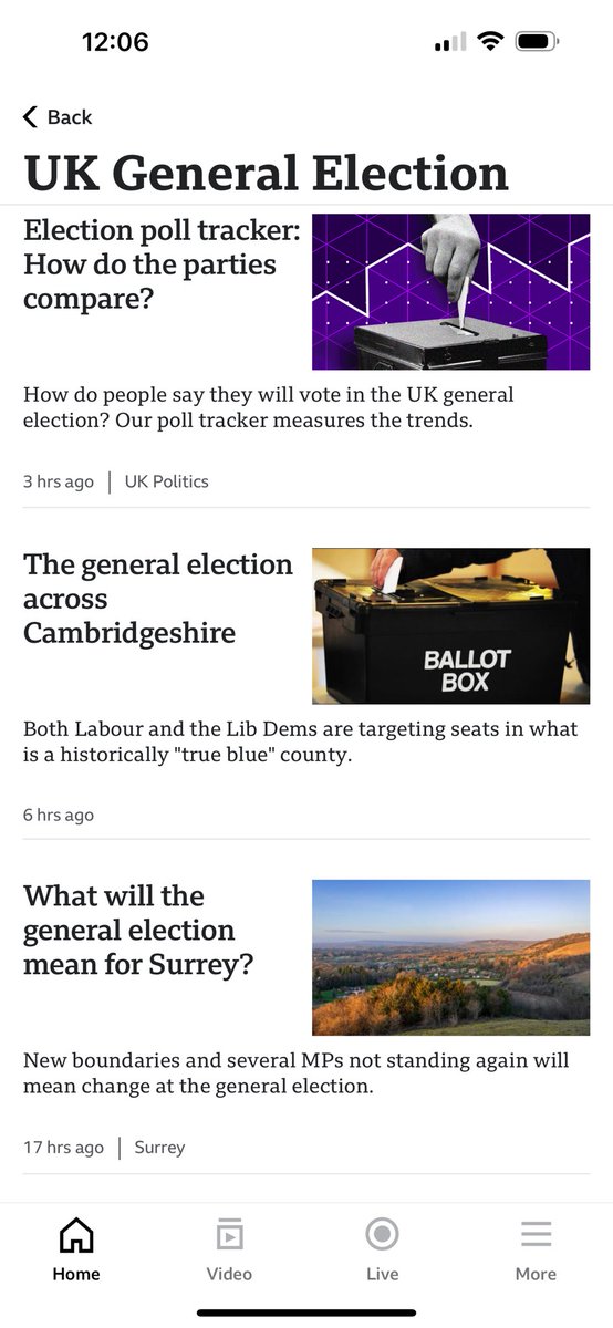 . @BBCNews has a news app for overseas users. This is their “General Election” section this morning. Two local coverage box-ticking pieces, and a poll tracker. Stories ordered by publish time, not newsworthiness. This is a poor, poor experience from the UK’s broadcaster.