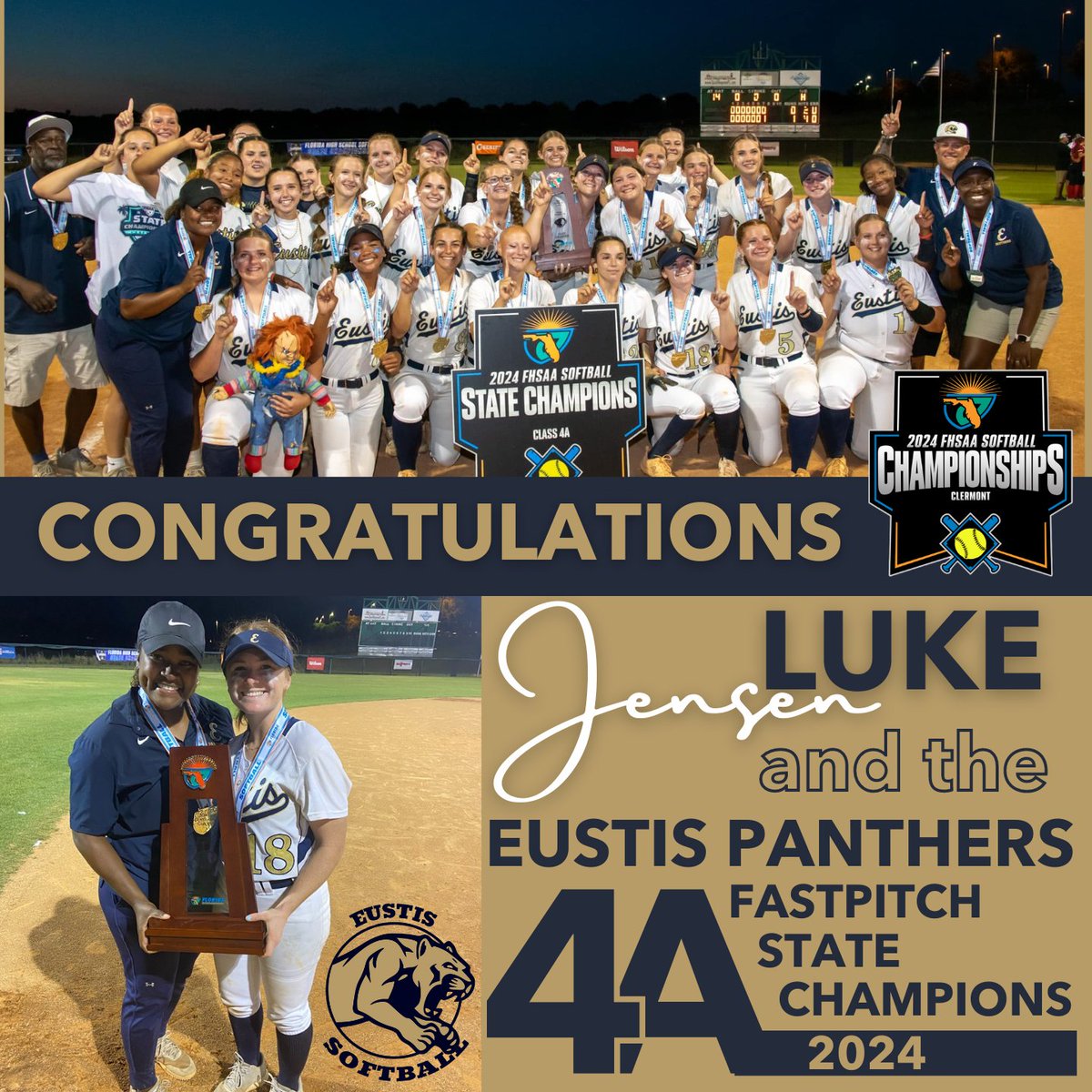 Congratulations to Jensen Luke and the Eustis Panthers for winning the 4A Florida State Championship. Jensen went 2-3 in the game and her double in the bottom of the 7th led to the winning run. Way to go Jensen and team!! #BeTheStandard