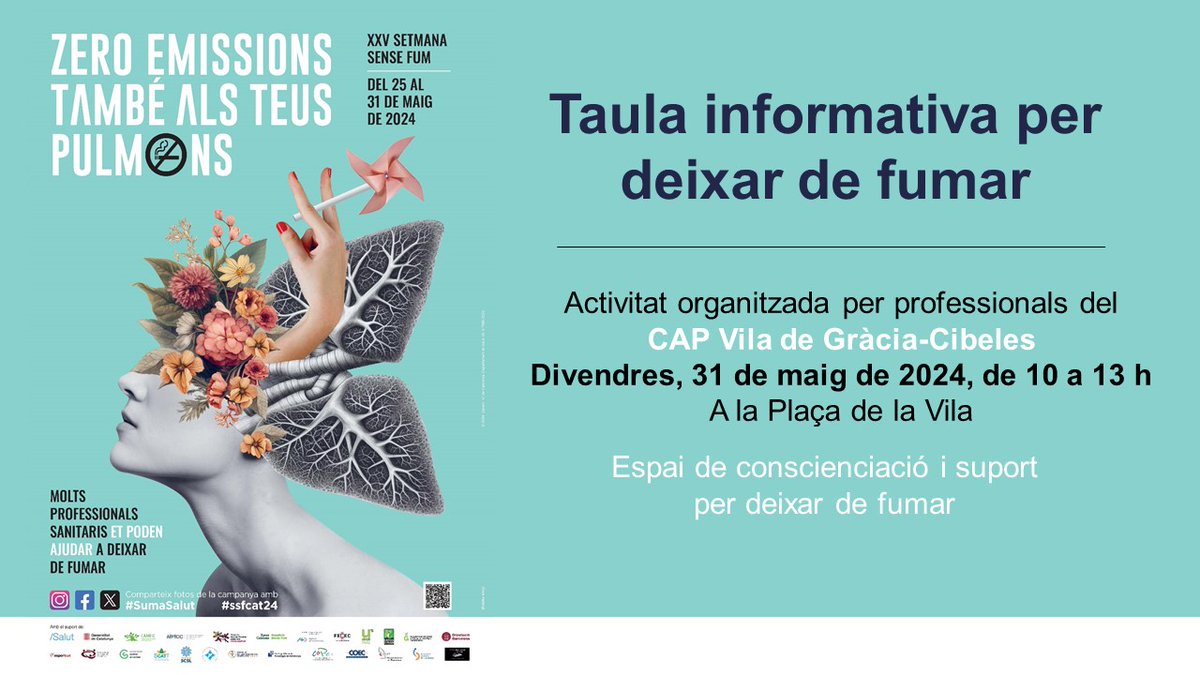 La setmana vinent el #CAPViladeGràciaCibeles instal·la una taula informativa i de suport per a les persones que volen deixar de fumar #SumaSalut #ssfcat24

Passa a visitar-la! 😃

⏰ Divendres 31 de maig, de 10 a 13 h
🗓️ Plaça de la Vila de Gràcia