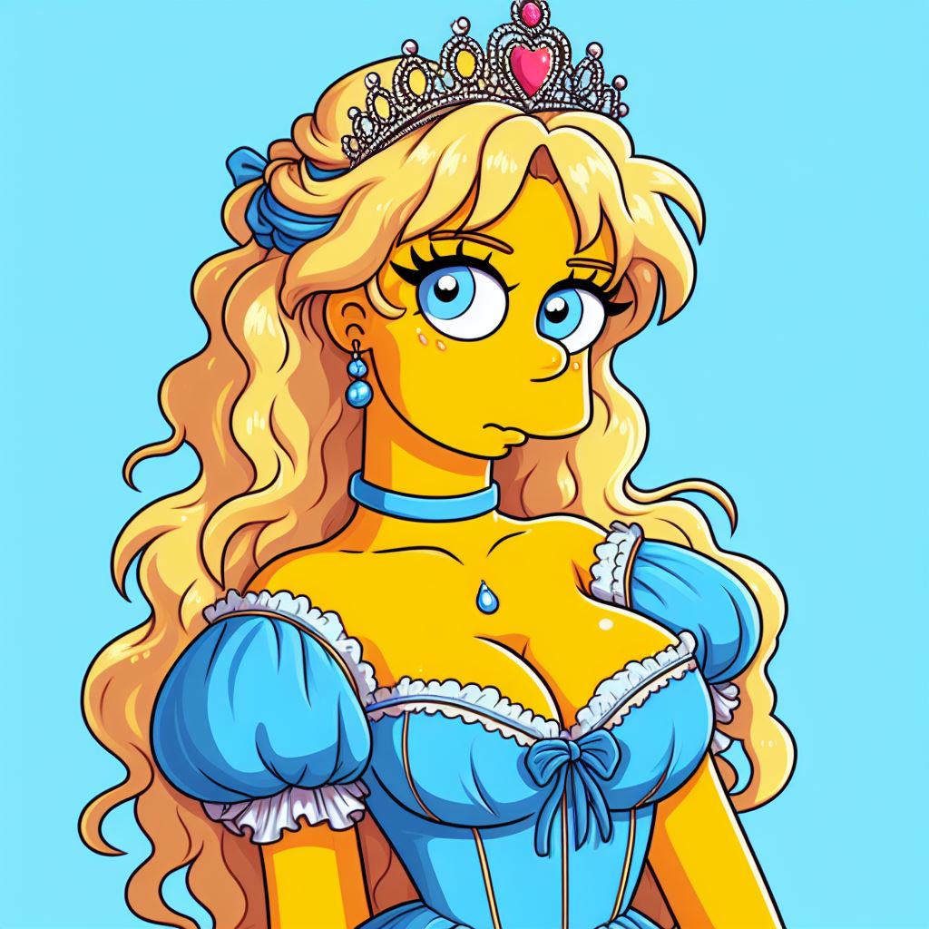 bad_aiart's tweet photo. A stunning Simpson’s princess with blonde hair, blue eyes, and a gorgeous blue dress. #SimpsonsArt #AIArt #DigitalArt https://t.co/0gZ1hv4H7I