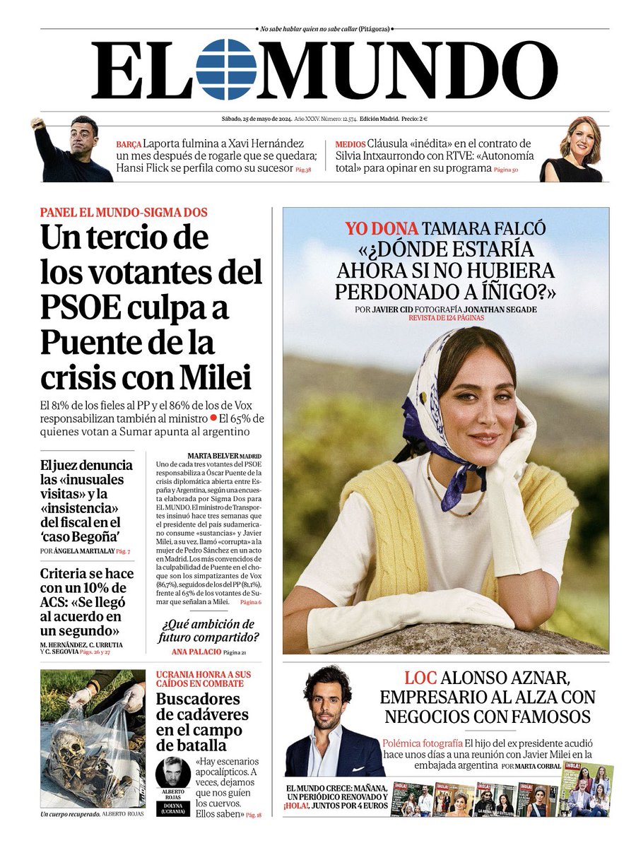 Bajarlaalpasto's tweet photo. Después de dedicarle portadas y portadas a noticias fake sobre el #Barça y Negreira, justo hoy el estercolero @elmundoes 'se olvida' de informar sobre la desimputación por cohecho.

Y es que @vicenruiz @eurreiztieta @JorgeBustos1 son mamporreros, no periodistas. https://t.co/sZ7oZogS6y