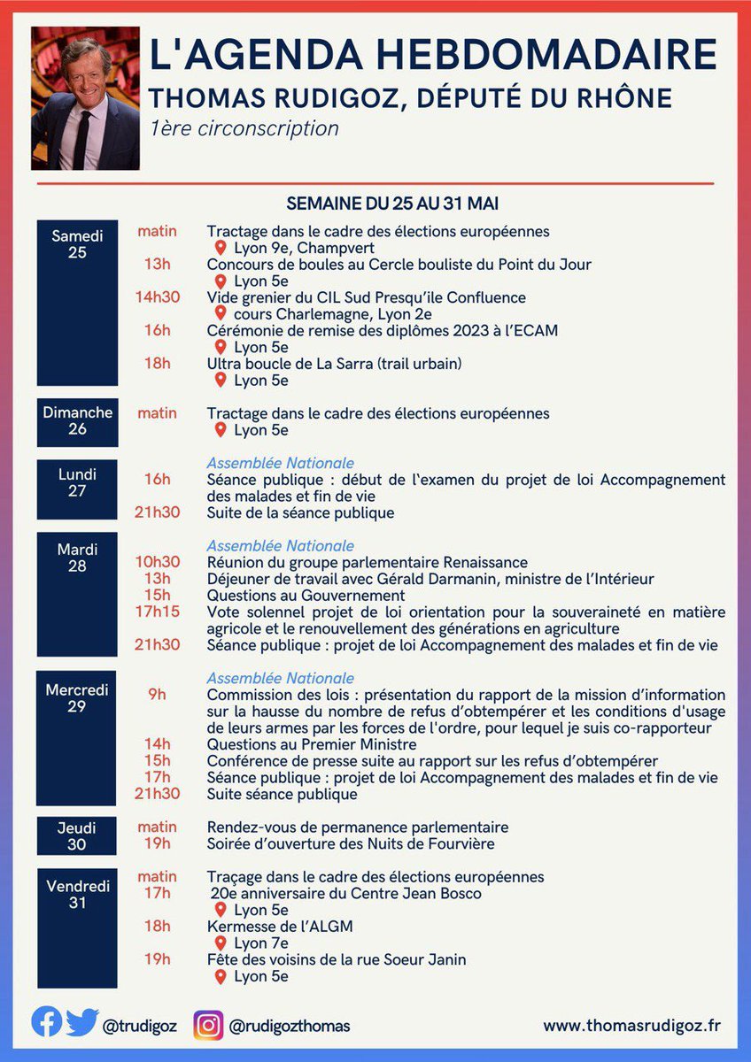 trudigoz's tweet photo. Découvrez mon #agenda pour cette semaine 
🏃‍♂️De nombreux événements en circonscription ce week-end 
📄 La présentation du rapport de ma mission d’information sur la hausse des refus d’obtempérer
🔍Le début de l’examen du #PJL relatif à l’accompagnement des malades et la fin de vie https://t.co/3bSODMzgwE