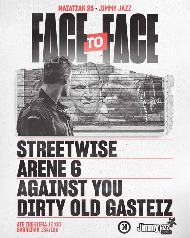 #kontzertua #concierto 👉 Face to Face 🎸 Streetwise 🎶 Arene 6 🎤 Against You 🎼 Dirty Old Gasteiz 📆 Maiatzaren 25a | 25 de mayo ⌚ 19:00 📍 @JimmyJazzGz  ℹ️ i.mtr.cool/opwecstcxc 🎟️ 13€ -16€ #gasteizkultura