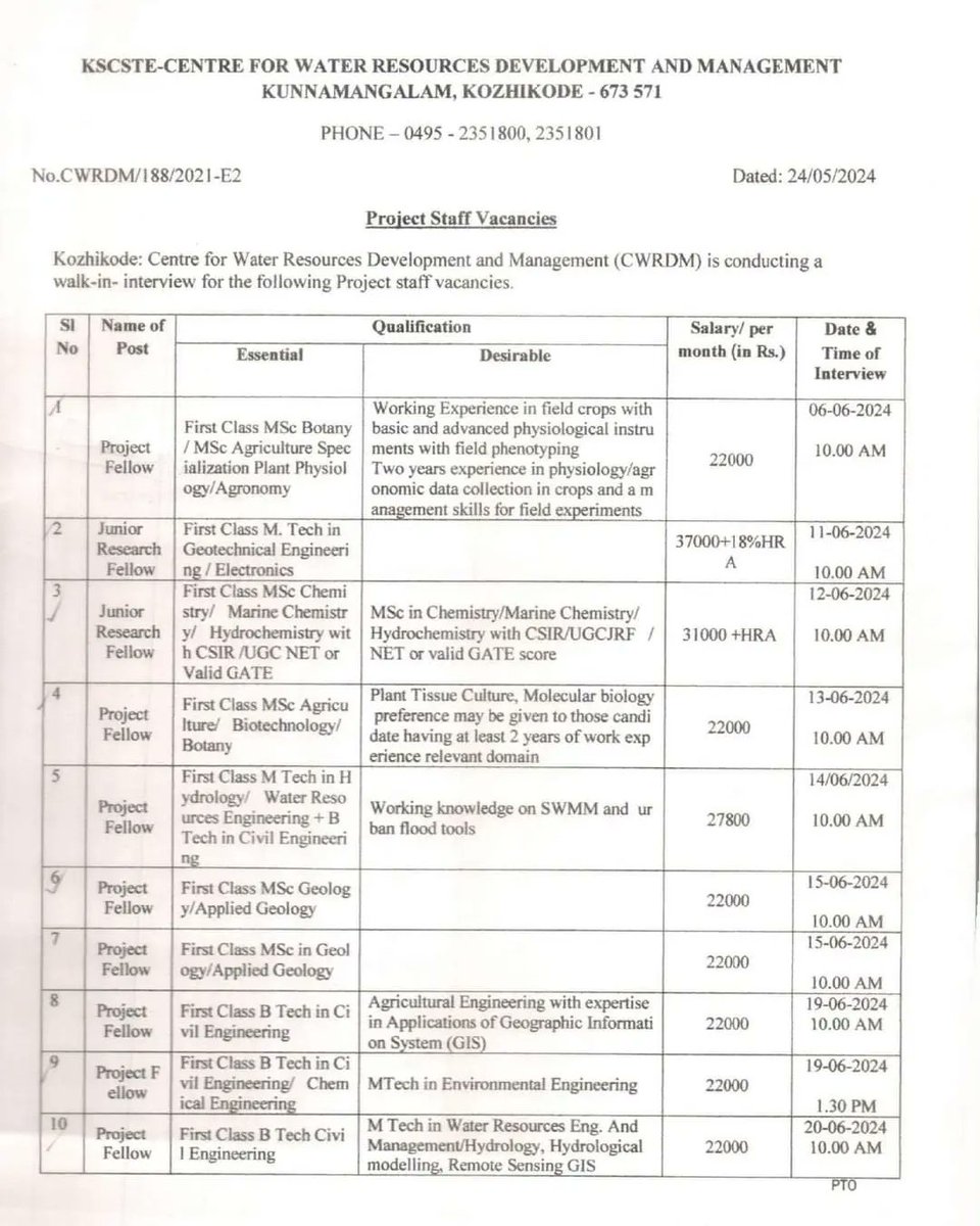 CWRDM1's tweet image. Project Staff Vacancies
#CWRDM 
#projectstaff 
#vacancies 
#Walkininterview