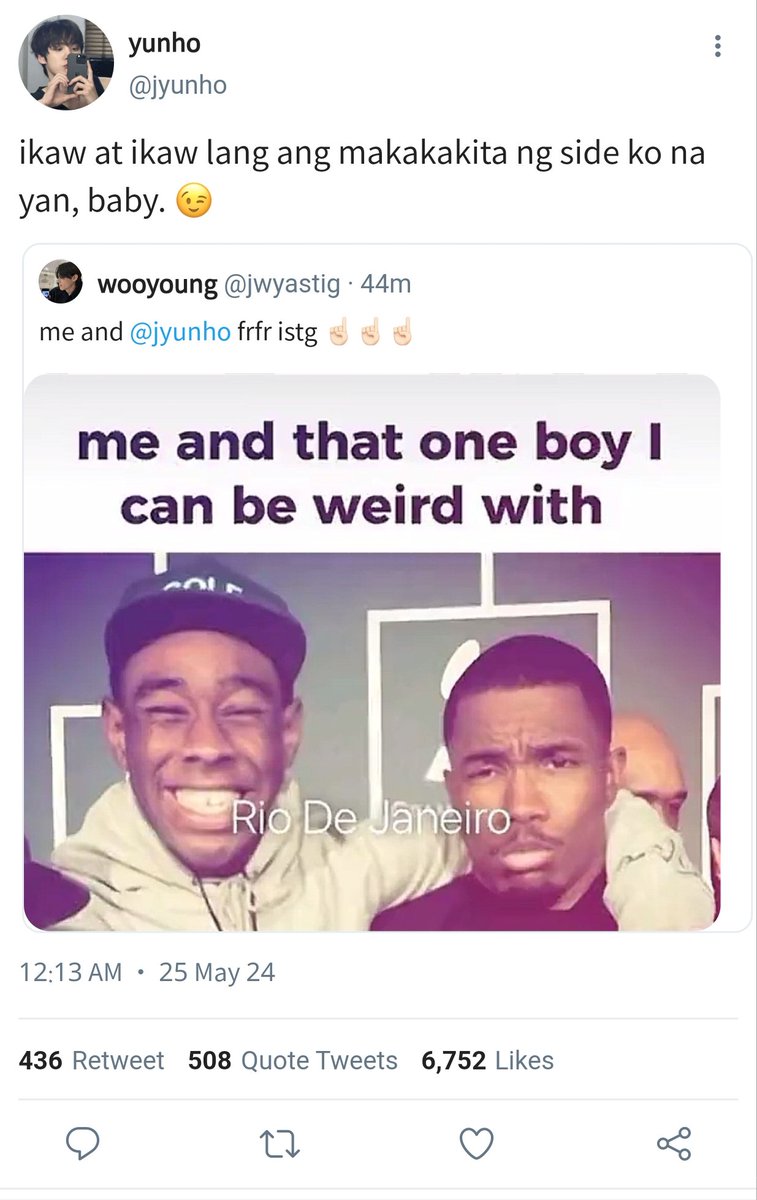 247SVTEEZ's tweet photo. yunwoo one tweet filo au.

eme eme lang na sumabak si wy sa trend na 'me and that one boy i can be weird with' pero pumalag yung tinag nya 😁 https://t.co/Yvyow3eDxT