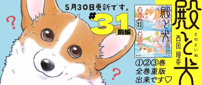 31話(前編)は、5月30日木曜お昼更新!扉絵では、画像の可愛い表情した犬がちょっと変化するかも…???お楽しみに殿と犬 