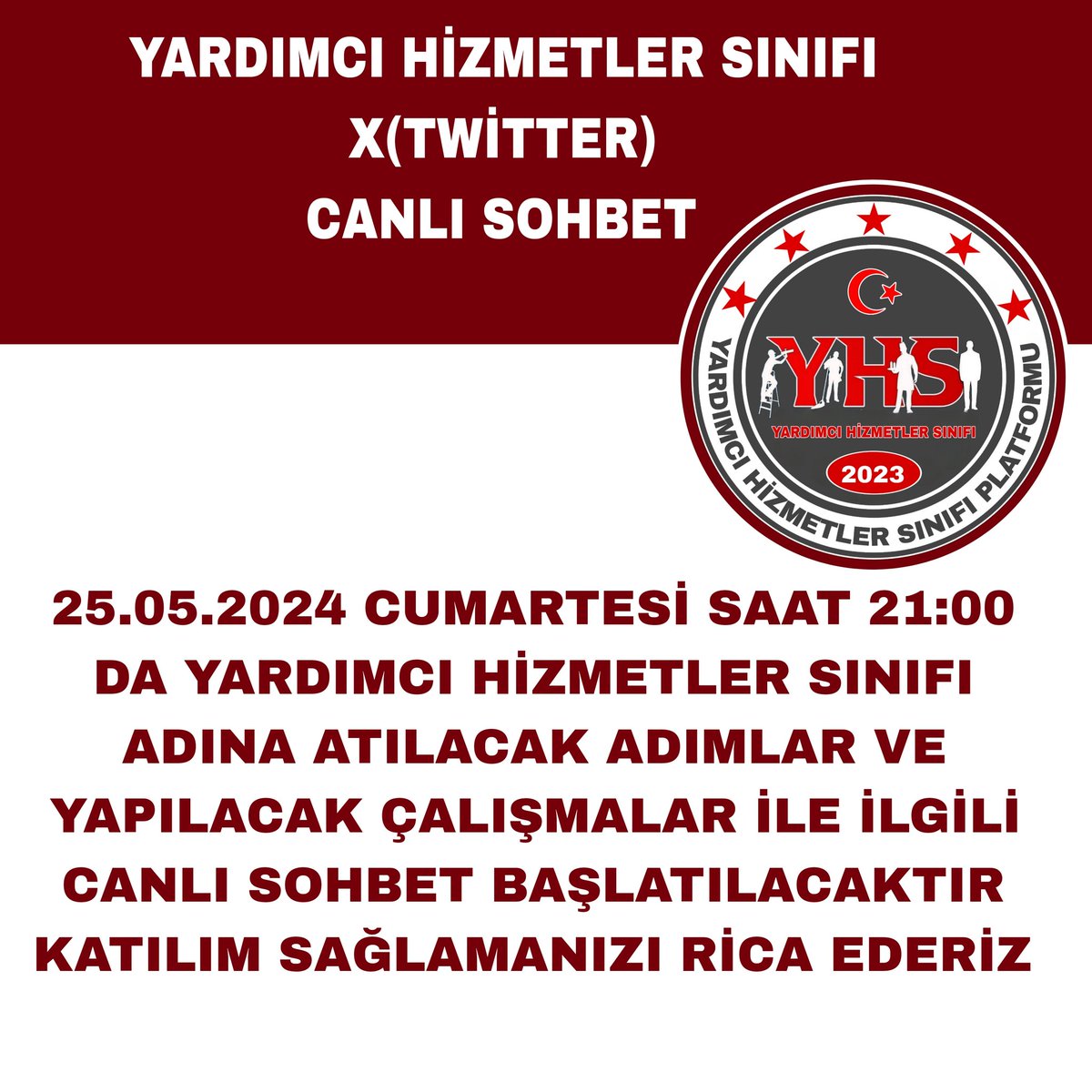 Bu akşam saat 21:00 da #YardımcıHizmetlerSınıfı na dair yapılacak çalışmalar ile ilgili canlı sohbet başlatılacaktır katılım sağlamanızı rica ederiz