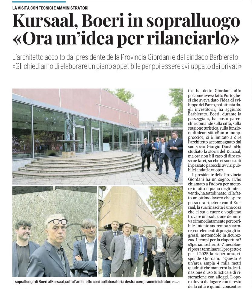 ✅✅ Insieme alla Provincia di Padova abbiamo incontrato l’architetto Stefano Boeri , per la prima volta ad Abano #Terme per la progettazione del nuovo Kursaal.

Siamo convinti che la sua esperienza internazionale possa risolvere un problema che si trascina  da moltissimo tempo .