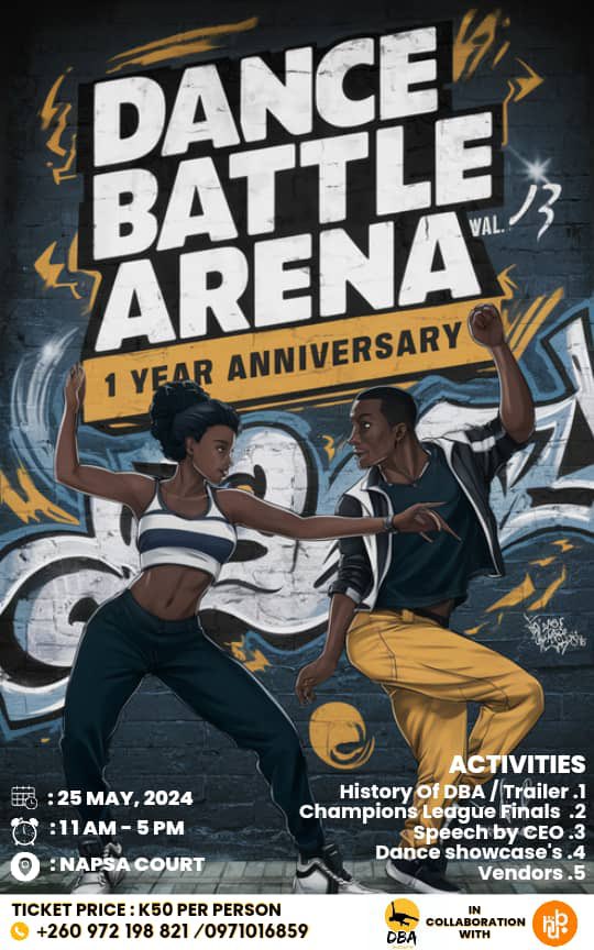 Are you a lover of dance? Join us today at the Napsa Court as we witness some of Zambias best dancers compete and perform live. 

See you there! 

Tickets are K50 per person