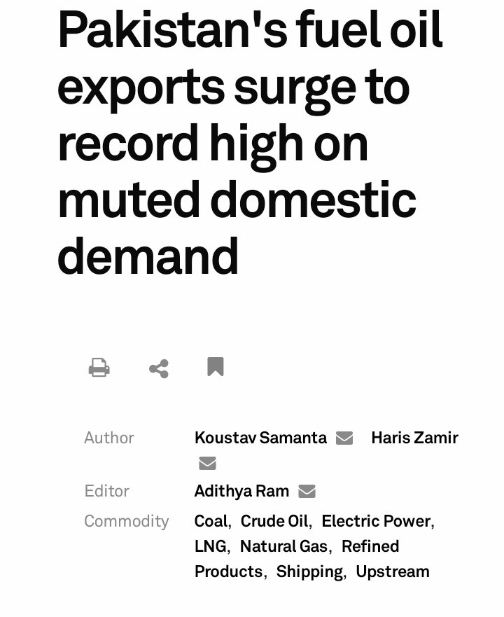 Excellent Article by Koustav Samanta and Haris Zameer published at @SPGlobal ♦️ Key Points 📌 Pakistan's fuel oil exports reached a record high in the first 10 months of the current fiscal year, driven by muted domestic demand. 📌 Domestic sales of fuel oil dropped by 57%