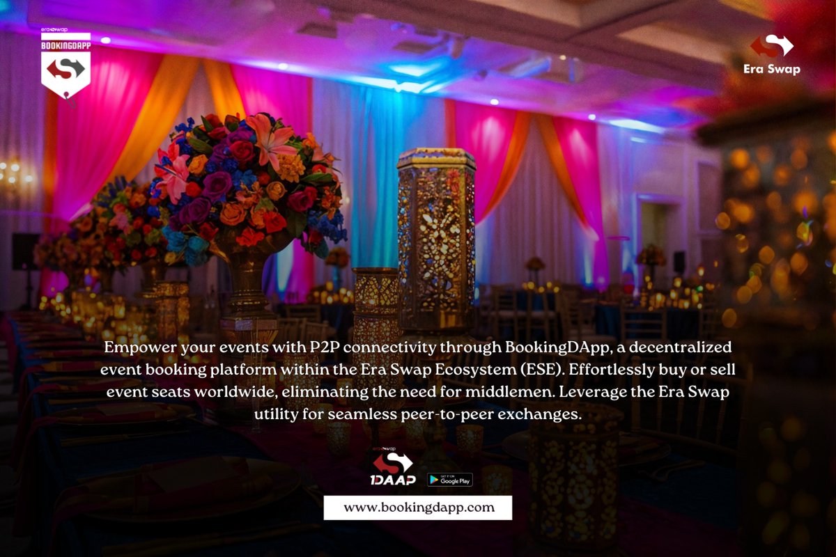 EraSwapTech's tweet photo. Empower your events with P2P connectivity through #BookingDApp, a decentralized event booking platform within the Era Swap Ecosystem (ESE). Effortlessly buy or sell event seats worldwide, eliminating the need for middlemen.  https://t.co/3yQHI3eSZR https://t.co/hel0mgFKhv