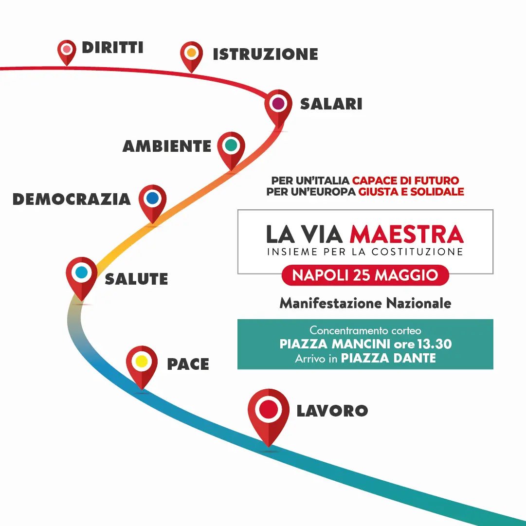 cgilnazionale's tweet photo. 🟥 LA COSTITUZIONE È LA NOSTRA VIA MAESTRA 

Tutti in piazza Mancini a Napoli alle 13.30 per la manifestazione promossa da Cgil e oltre centro associazioni, per difendere la legge fondamentale dello Stato. 

Pace, diritti, ambiente, lavoro, salari, istruzione, democrazia, salute. https://t.co/52ZAr6goju