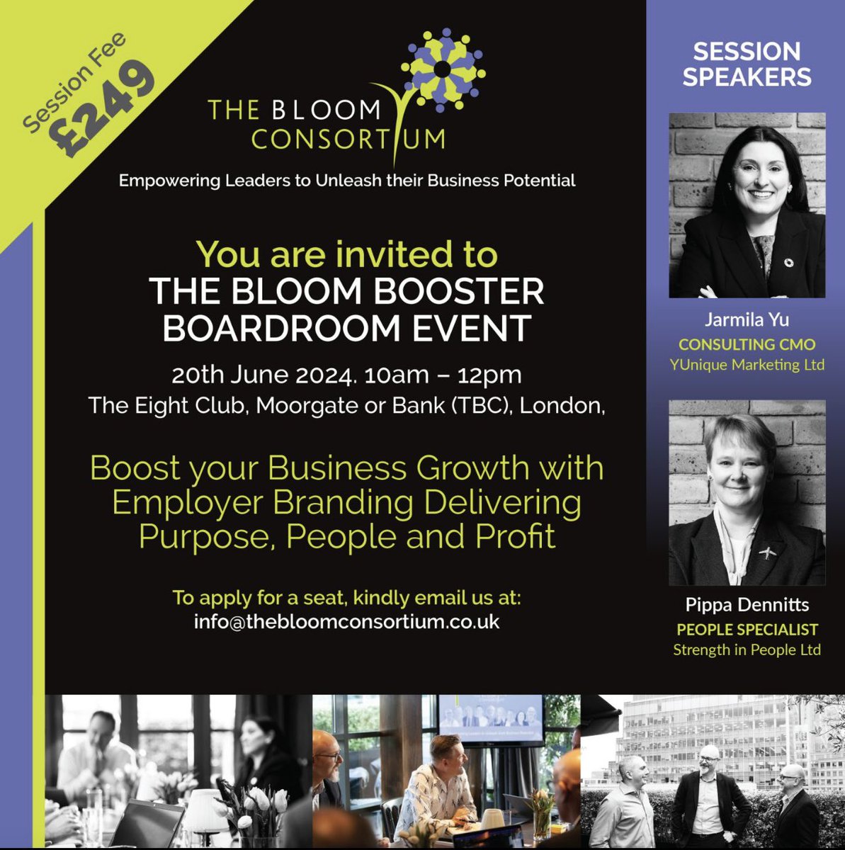 📣 Calling SME founders & business leaders. Registration now open for the next Bloom Business Booster event. 

‘Boost Your Business Growth with Employer Branding Delivering Purpose, People & Profit’.

Register 👉 lnkd.in/g4EkQVTh 

#GrowthStrategies
 #MakingBusinessBloom