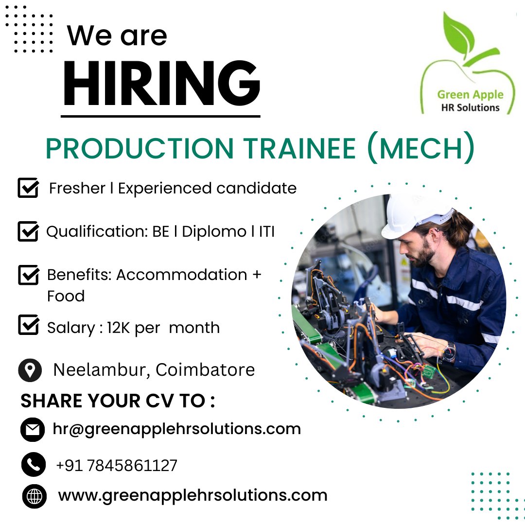 We are looking for a PRODUCTION TRAINEE (MECH) with Freshers or Experienced Candidates
#greenapplehrsolutions #hragency #recruitmentagency #hrconsultancy #jobconsultancy #recruitment #hiring #hiringnow #DM #opentowork #trainee #production #mech #jobs2024