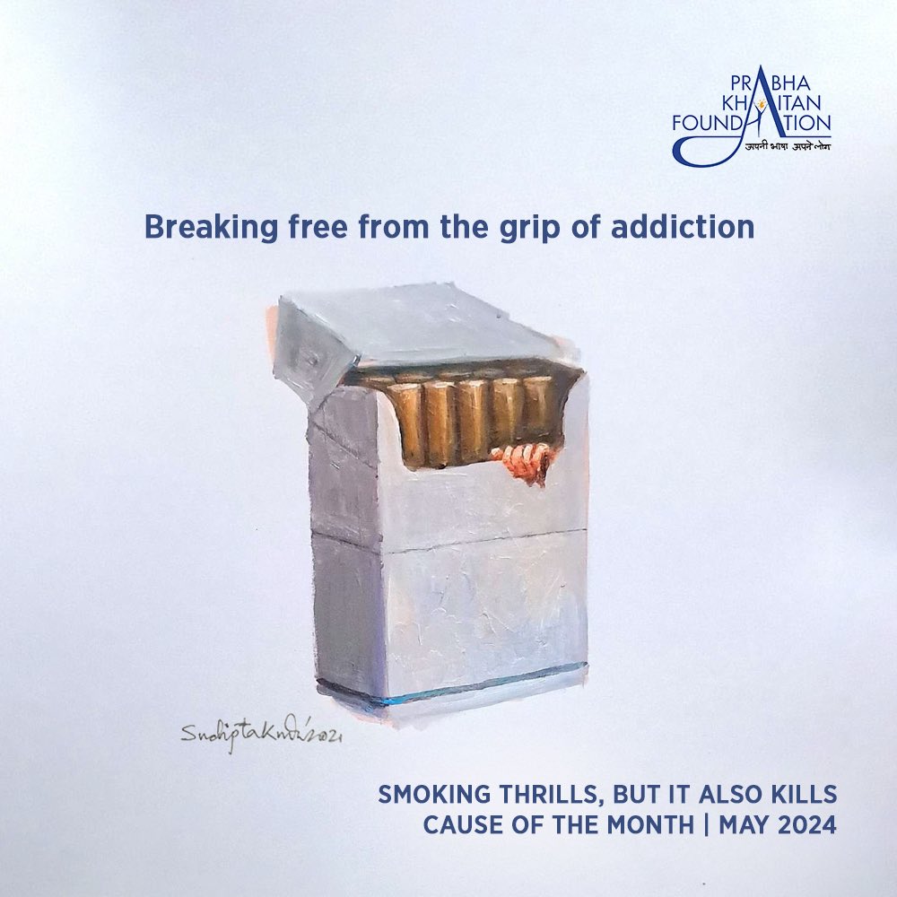 Breaking free from the grip of addiction. In this surreal painting, a child's hand emerges from a cigarette packet, symbolizing the insidious hold of tobacco on our lives and those of our loved ones. Let's strive for a future where every child can grow up smoke-free and healthy.