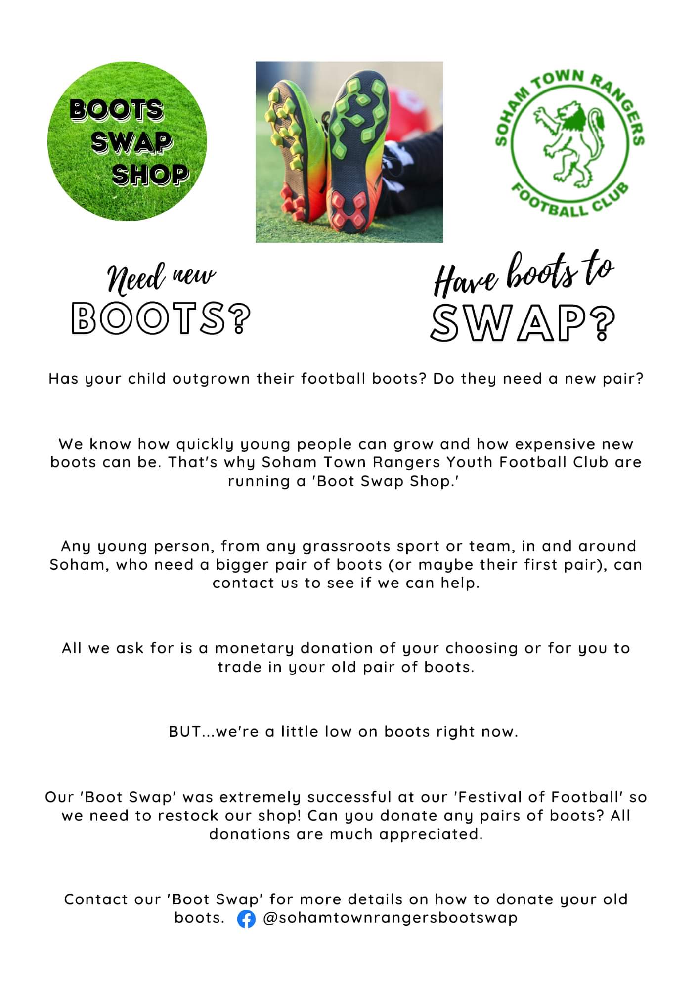 Soham Town Rangers FC on X Need New Boots Come along to the Festival Of Football this weekend and either. Swap your too small football boots for some bigger ones OR Give