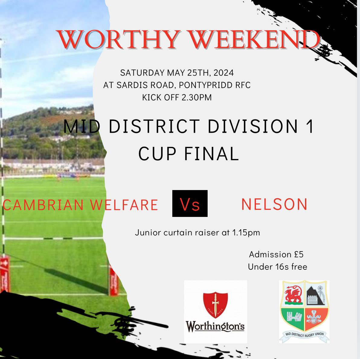 Big game today and the last Cup Final of the new format <a href="/PontypriddRFC/">Pontypridd RFC</a> this afternoon with the Div 1 Cup Final

<a href="/cambrianwelfar1/">@cambrianwelfarerfc</a> v <a href="/Nelsonrfc/">Nelson RFC 🦄</a> 

Be great to sign off with another big crowd for the last game of the community season 🏉🏆☀️