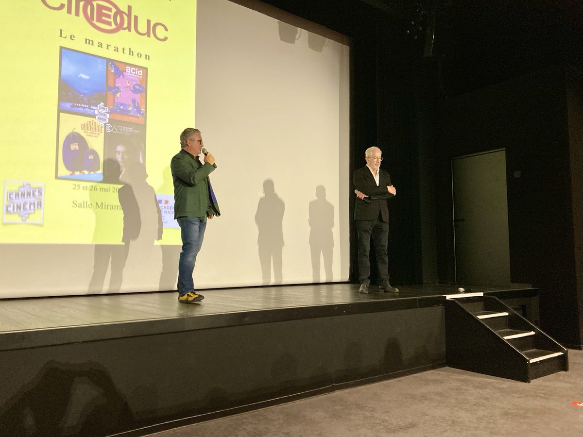 FabriceMagnone's tweet photo. Frédéric Charvet inaugure le marathon #CinÉduc en compagnie de Gérard Camy de ⁦@Cannes_Cinema⁩ devant une salle comble à l’espace Miramar. 
#EAC
⁦@AcademieNice⁩
⁦@DAAC_nice⁩ 
⁦@semainecannes⁩ https://t.co/ifosJ9UC8J