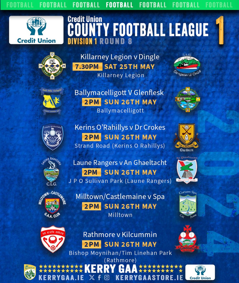 🏐 2024 Credit Union County Football League Division 1⃣ Round 8 fixtures. kerrygaa.ie/fixtures-resul… #CreditUnionLeagues #KerryGAA