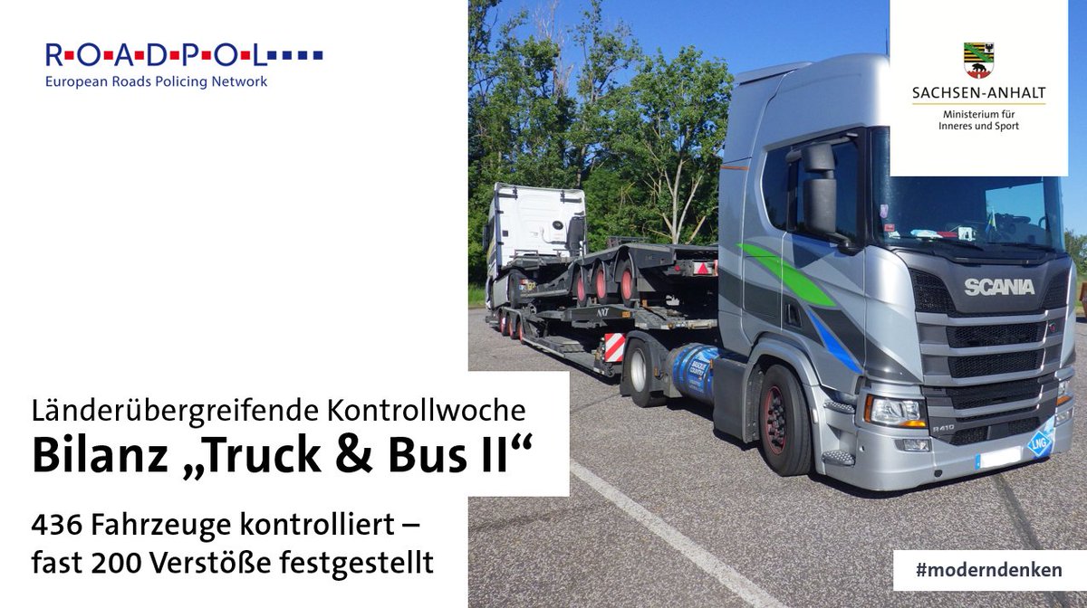 In der <a href="/roadpol_eu/">@ROADPOL_EU</a>-Aktionswoche „Truck &amp; Bus II“ vom 13. bis 19. Mai kontrollierte die Polizei <a href="/sachsenanhalt/">Sachsen-Anhalt</a> erneut verstärkt den Personen- &amp; Güterverkehr: 
🚛 436 Fahrzeuge kontrolliert, 
❌ 199 Verstöße festgestellt,
🚔 130 Beamte im Einsatz. 
Bilanz: lsaurl.de/8LFmZh