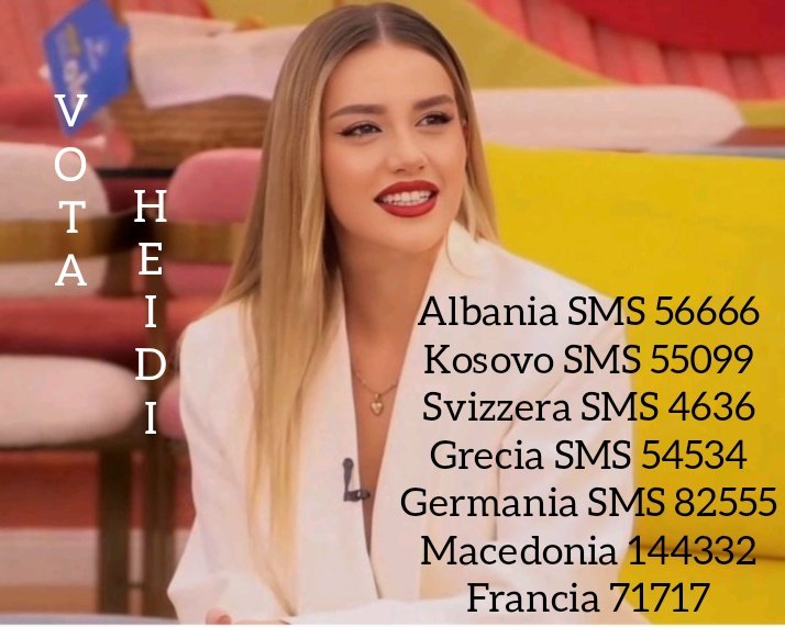 InesGiochi's tweet photo. Facciamo vincere @heidibaci97 ❤️
Ultime ore
Vota Qui➡️
https://t.co/cuSsO2ihF3
🔥🔥🔥
Albania SMS 56666
Kosovo SMS 55099
Svizzera SMS 4636
Grecia SMS 54534
Germania SMS 82555
Macedonia 144332
Francia 71717
#HeidiBaci #bbvipalheidiit #bbvipal #grandefratello #luzzers #baciozzi https://t.co/iRdwnBkWF0