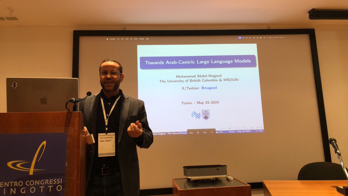 osact_workshop's tweet photo. Keynote Speech title (Towards Arab-Centric Large Language Models) by Muhammad Abdul-Mageed, University of British Columbia, Canada

#LRECCOLING2024
#OSACT2024
#ArabicNLP https://t.co/DHAw9ja4CI