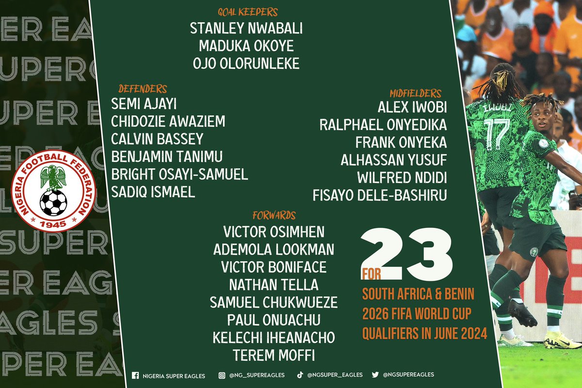 Nigeria's 23 Man Squad for the 2026 FIFA World Cup qualifiers in June 2024.

Who are you looking forward to seeing 😌?

#SoarSuperEagles #WWCQ