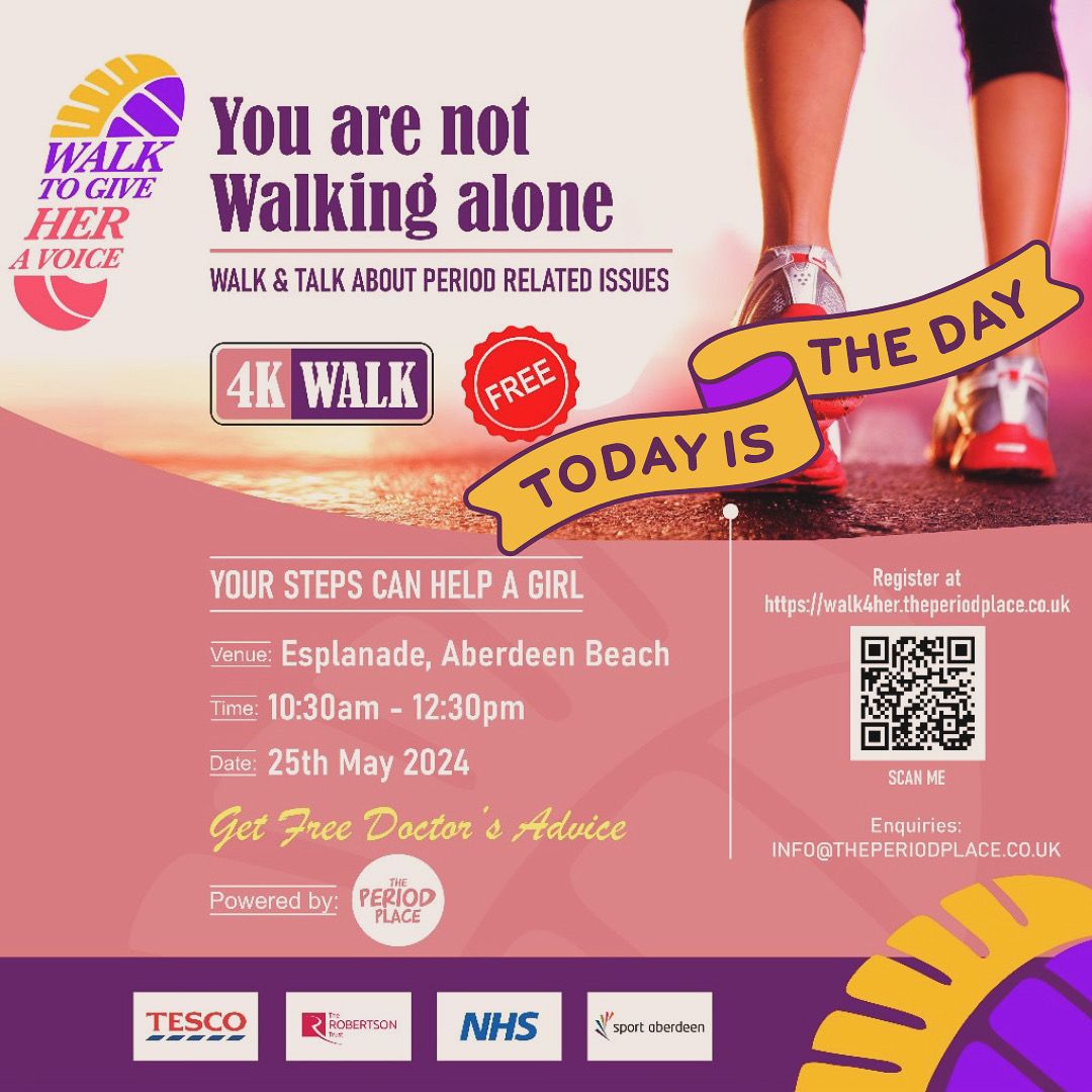 periodplaceuk's tweet photo. The wait is over -today’s the day we’ve all been waiting for! WALK TO GIVE HER A VOICE is finally here! Today, we are walking to raise awareness, break down stigma, empower girls and women to speak openly about period health. See you soon! #walk4her #firstperiodwalkinscotland https://t.co/YXlszXJJtj