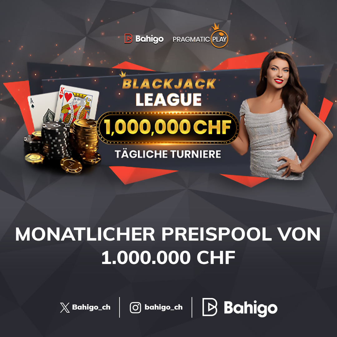 Hochprofitable Kampagne von #Bahigo! Machen Sie mit bei der Pragmatic Play 'Blackjack League', die vom 1. April bis zum 30. Juni 2024 läuft, und versuchen Sie, Ihren Anteil am monatlichen Preispool von 1 000 000 CHF zu gewinnen!