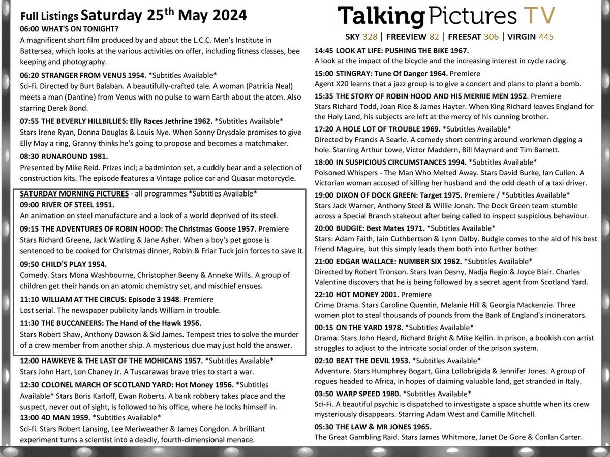 Full listings for today, Saturday 25th May, on #TalkingPicturesTV