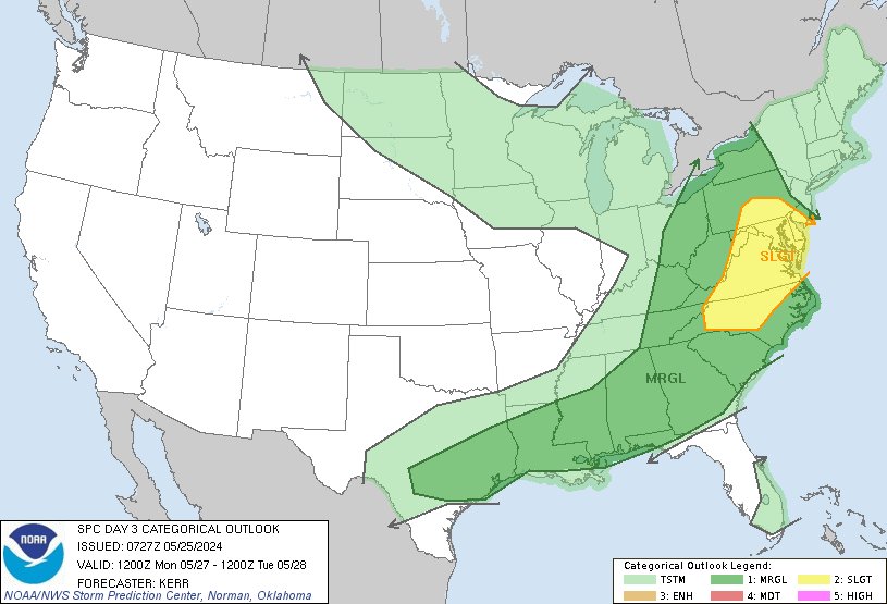 2:29am CDT #SPC Day3 Outlook Slight Risk: Monday across much of south central Pennsylvania the eastern West Virginia Panhandle much of Maryland Virginia and North Carolina southern New Jersey Delaware spc.noaa.gov/products/outlo…