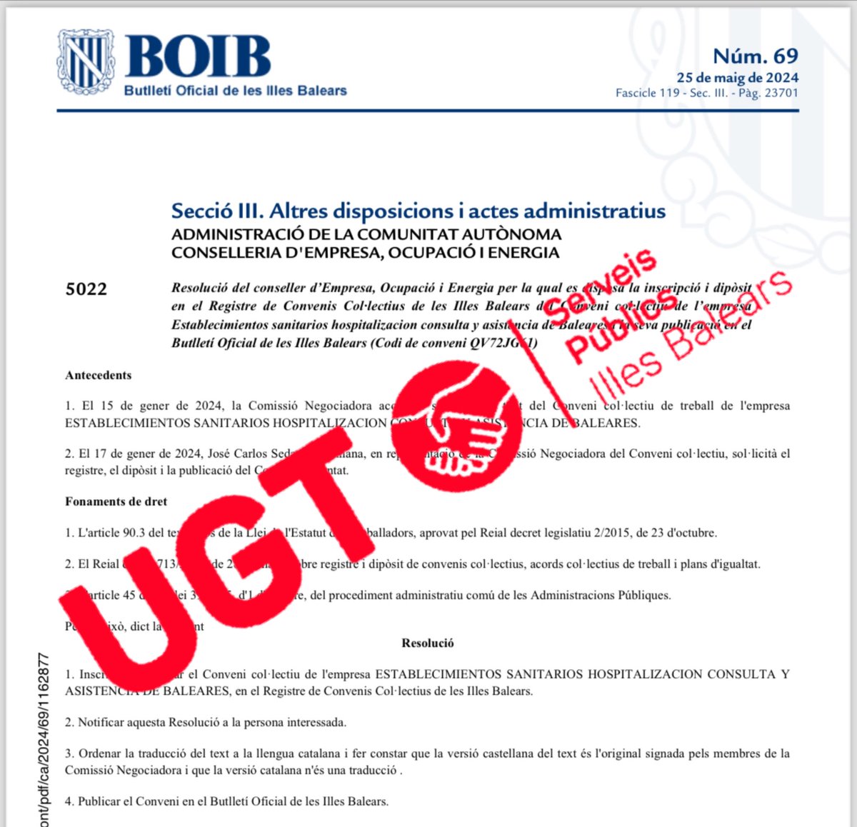 📢👏 ¡Per fi! El conveni de sanitat privada de Balears ja està publicat al BOIB! 📄✨

#UGT #SanitatPrivada #Balears #Conveni

🔗 [intranet.caib.es/eboibfront/ca/…]

🩺💪 Seguim treballant pels teu drets!