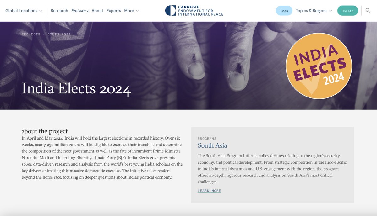 Interested in the drivers of electoral behavior in India? Check out the 10 data-driven essays we've published in our @CarnegieEndow #IndiaElects2024 series. They run the gamut--from Muslim voting behavior to incumbency to ideology & welfare delivery carnegieendowment.org/projects/india…