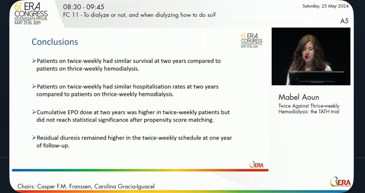 ERA - European Renal Association (@erakidney) on Twitter photo <a href="/iamnephrologist/">Sourabh Sharma</a> 🔆Dr Aoun concludes mentioning similar survival and hospitalisation rate in 2/7 c/f 3/7 HD
#ERA24 <a href="/iamnephrologist/">Sourabh Sharma</a> 🔆Dr Aoun concludes mentioning similar survival and hospitalisation rate in 2/7 c/f 3/7 HD
#ERA24
