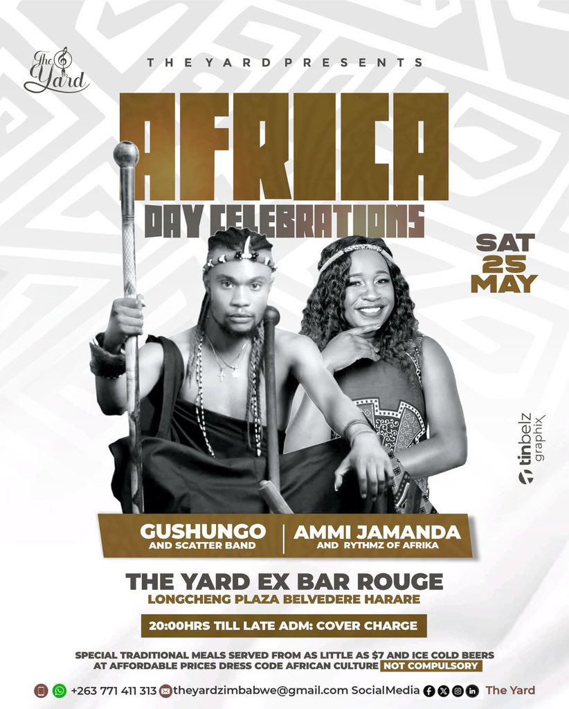 theyardzw's tweet photo. Happy Africa Day everyone! 

Looking forward to a thrilling night tonight at The Yard! Come dressed in your African Attire (not compulsory) 6pm till you drop! See you there!!!🥳🥳🥳🥳🥳

#AfricaDay #Zimbabwe #theyard #africa #africanfashion https://t.co/CRnBGq1ImL