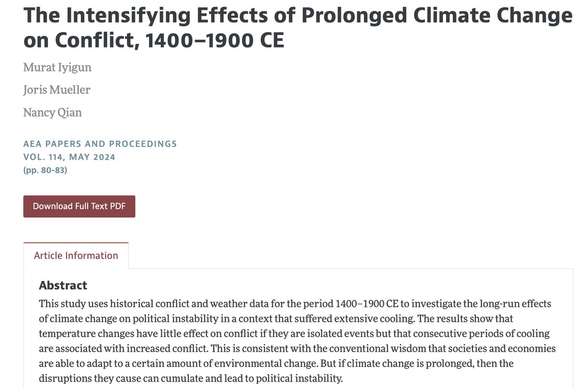 The long-run effects of climate change: 'if climate change is prolonged, then the disruptions they cause can cumulate and lead to political instability.' New paper in AER proceedings.