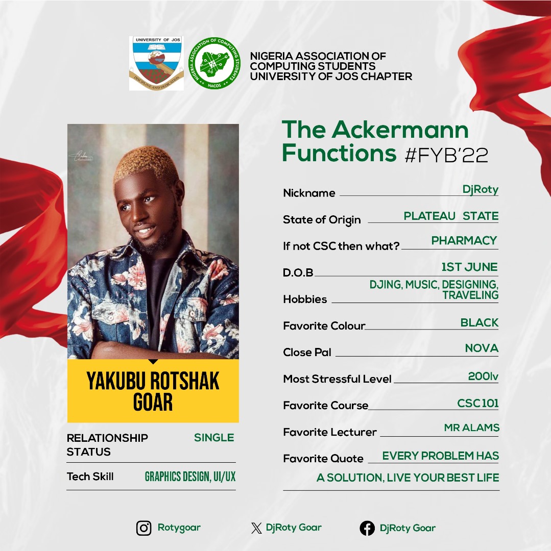 NacosUJ's tweet photo. Meet the Achermann set 22 FYB
Nacos University of Jos Chapter.
#fyb
#theackermann
#set22 https://t.co/srBDmTloZb
